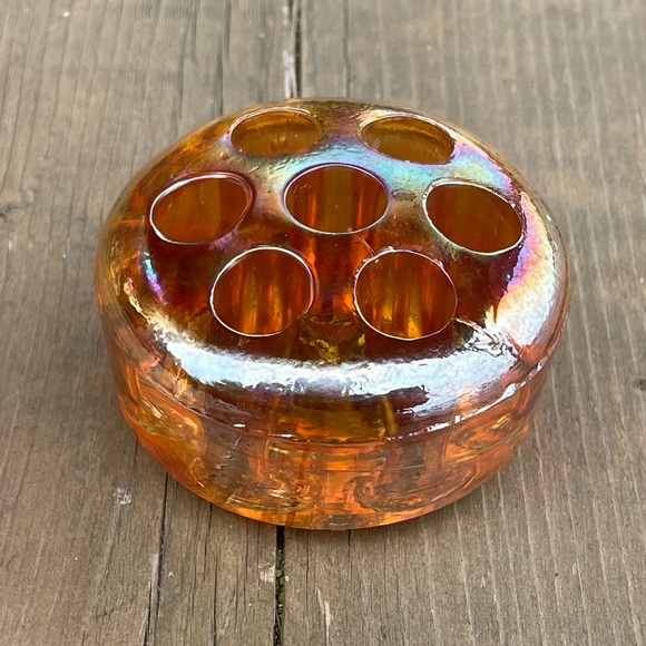 Vintage Iridescent Marigold Carnival Glass Flower Frog Floral Arranger - Picture 14 of 14